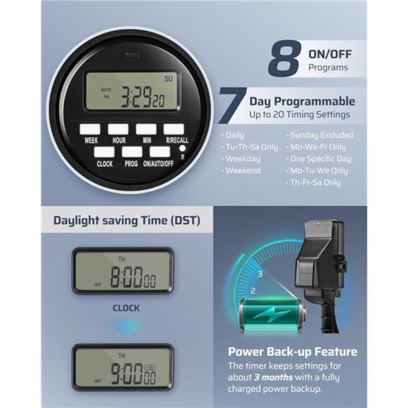 DEWENWILS Outdoor Digital Power Strip Timer, Waterproof 6 Outlet, Black - Picture 3 of 6